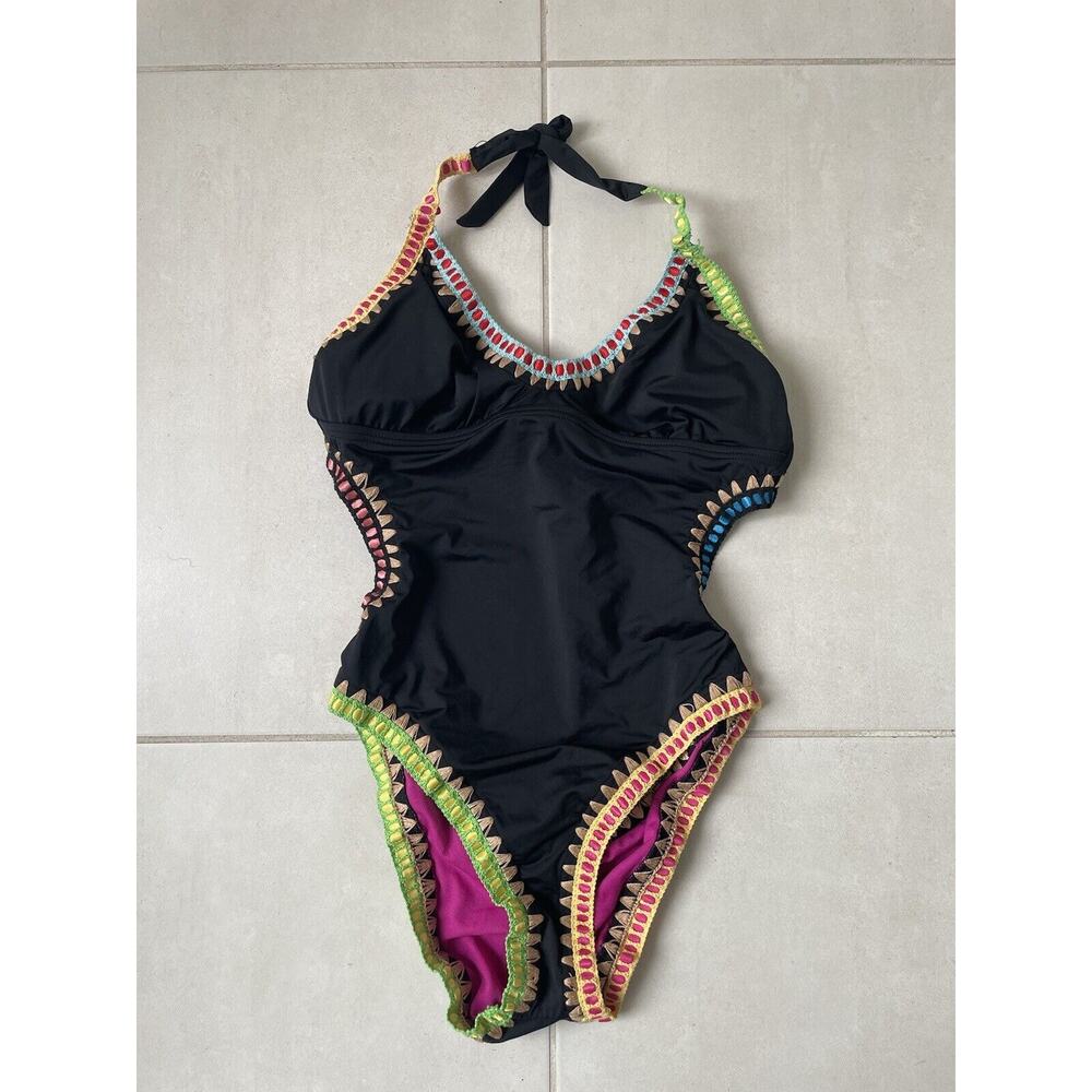 Bar III Black One-Piece Swimsuit with Multicolor Crochet Trim